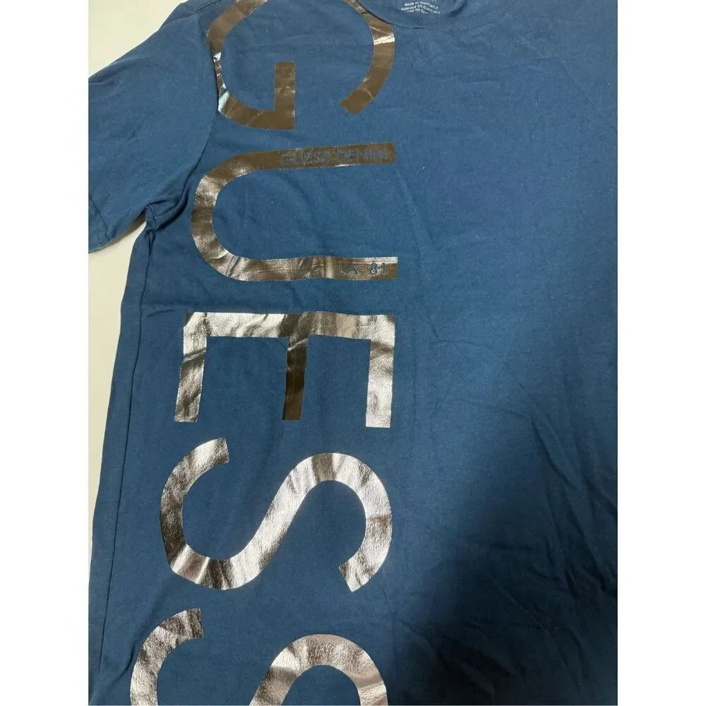 NWT GUESS Los Angeles Men’s Short Sleeve T-Shirt Size M Blue w/Dark Silver - Picture 2 of 6
